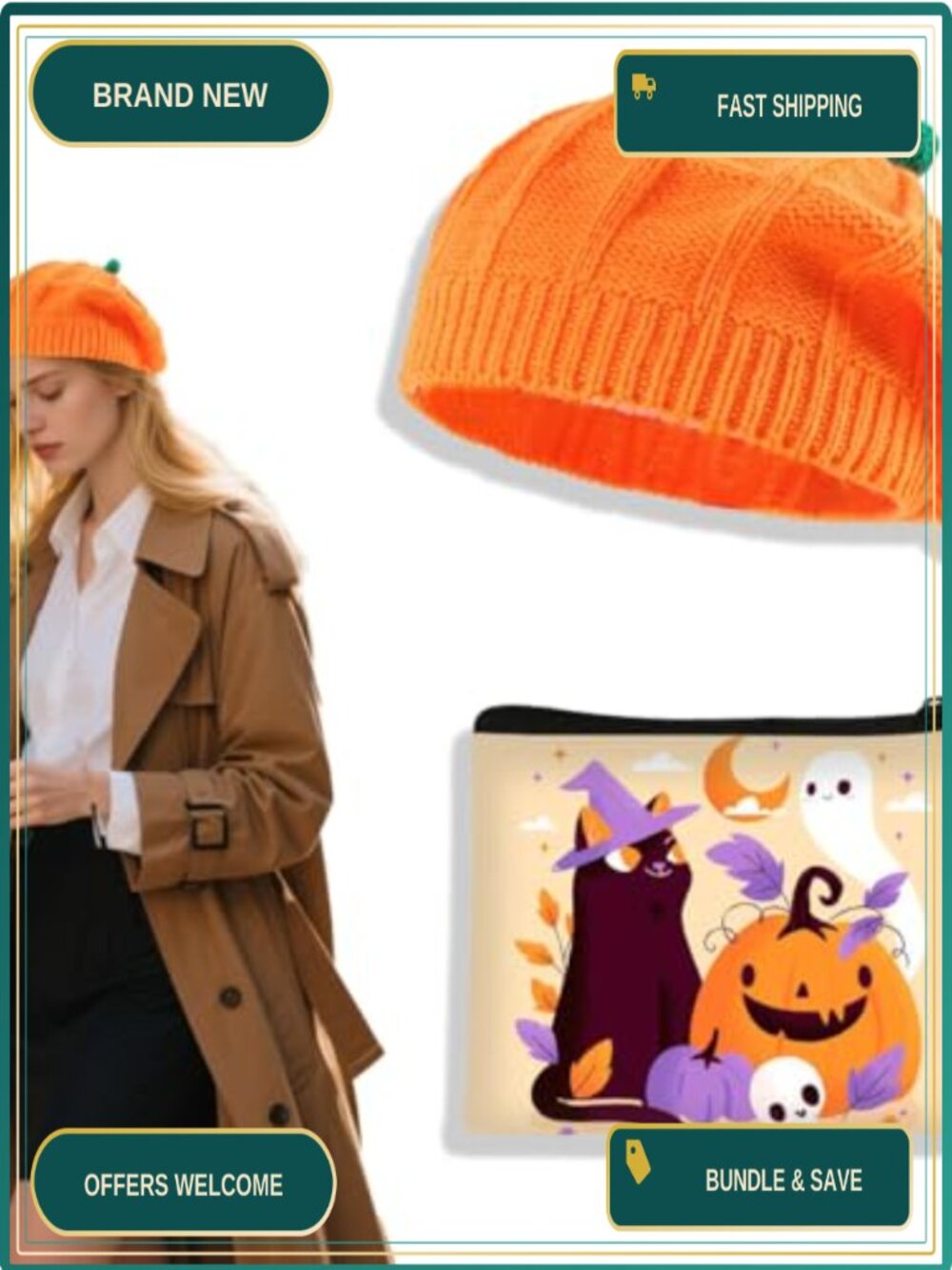 Pumpkin Knit Beret & Coin Purse Set French Style Halloween Cap